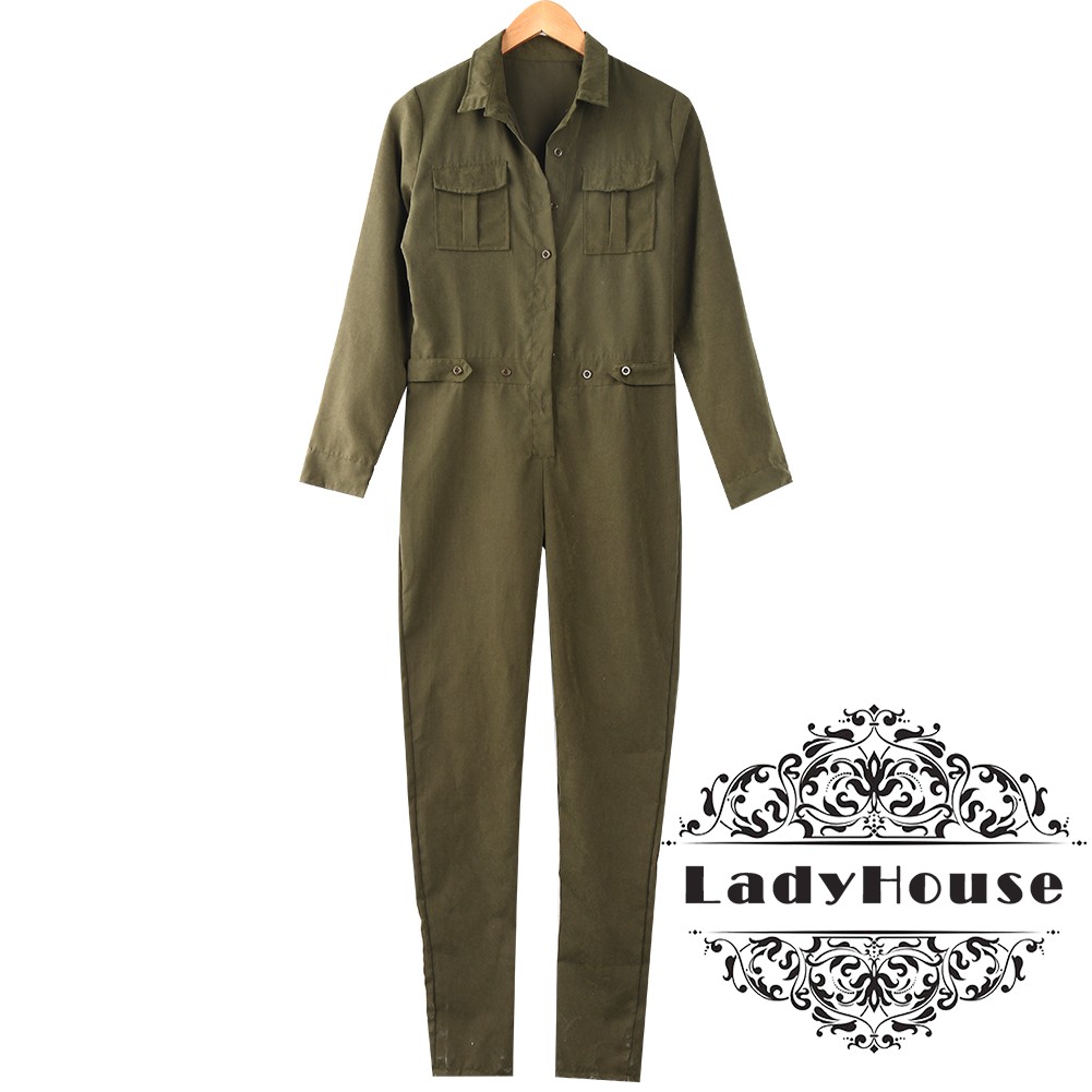 Jumpsuit Nữ Cổ Chữ V Màu Xanh Quân Đội Quyến Rũ Thời Trang 2018