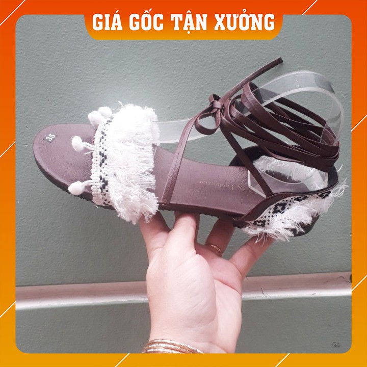 Giày sandal thổ cẩm cột dây màu trắng phong cách boho Mông Cổ [HÀNG CÓ SẴN]