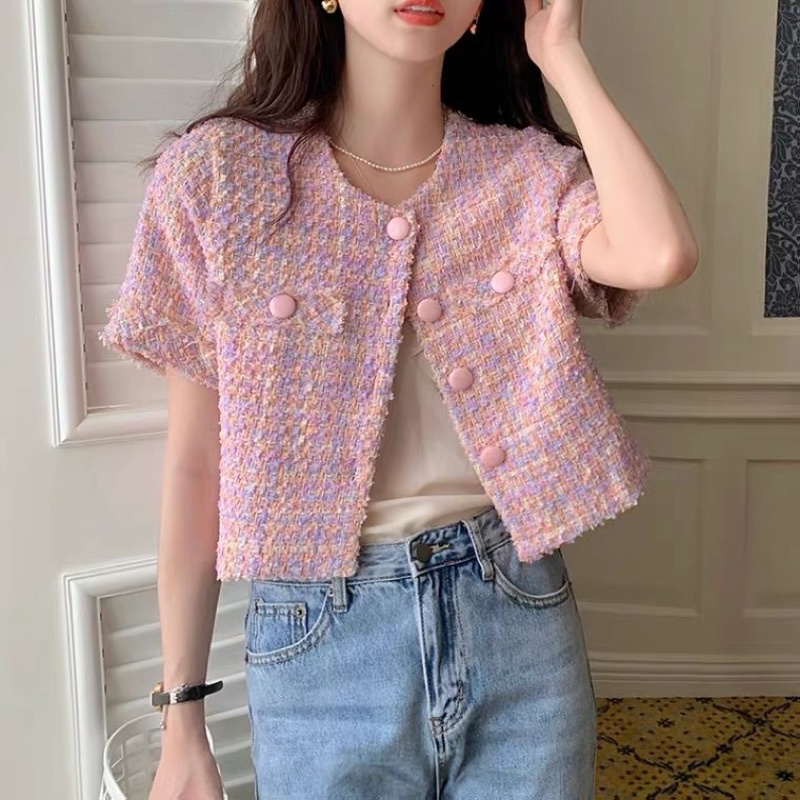 Săn/Order Áo dạ tweed ngắn tay xuân hè phong cách hàn quốc trendy croptop xinh xắn dễ thương màu be sữa hồng pasel