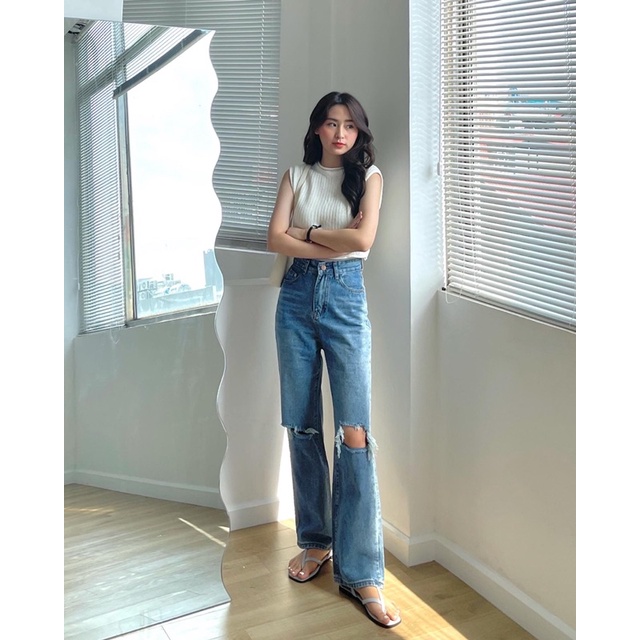 Quần jeans rách 2 gối xanh đậm | BigBuy360 - bigbuy360.vn