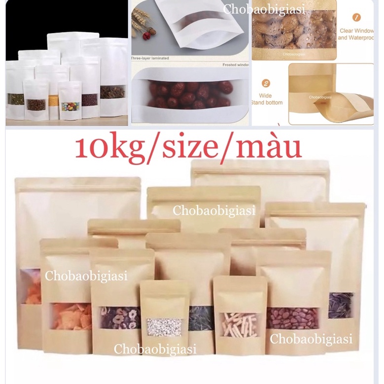 {Giá sỉ 10kg/ size} Túi zipper giấy Kraft Màu VÀNG/TRẮNG đáy đứng cửa sổ tràn có CÁN MÀNG - CHỐNG THẤM NƯỚC (sp y hình