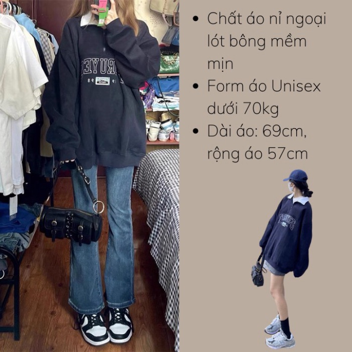 Áo Nỉ Sweater Nữ Form Rộng Tay Bồng Unisex, Áo Nỉ Cổ Cao Polo Chất Nỉ Ngoại In Chữ Siêu Đẹp Rostore SW13