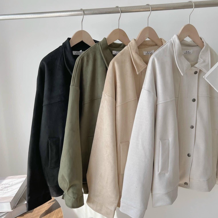 Áo khoác bomber da lộn cúc bấm form rộng style Hàn Quốc