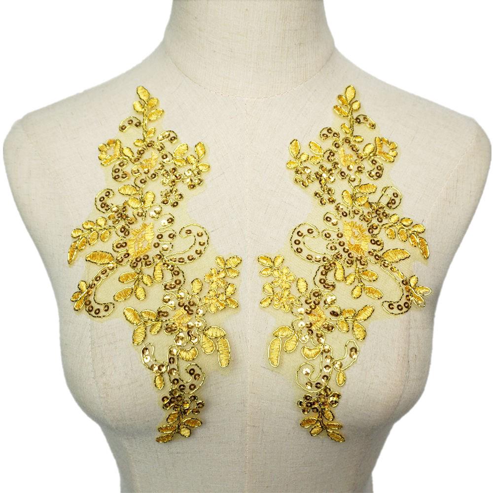 2 Vàng Thêu Sequin Hoa Ren Đính May Cổ Miếng Dán Quần Áo Cưới Vải Thủ Công DIY