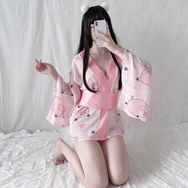 Cosplay kimono xẻ ngực sexy quyến rũ áo choàng ngủ kimono cao cấp in hình bé heo - thỏ đáng yêu BIKI HOUSE N743