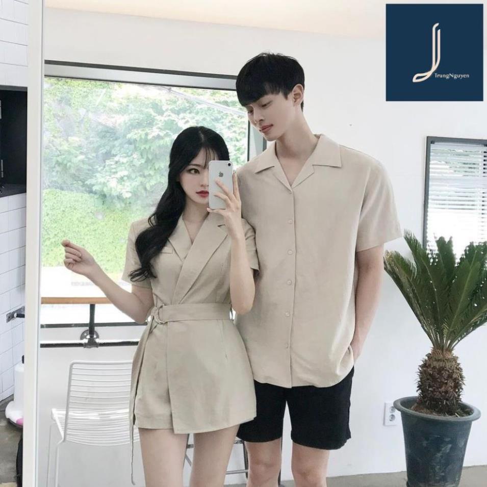 Set váy áo sơ mi đôi, áo cặp nam nữ đẹp du lịch chụp cưới màu nude HOT 2020 couple AV83 TrungNguyen KRE