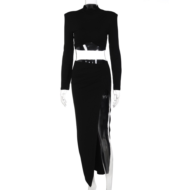 Bộ 2 Món Áo Crop Top Dài Tay + Chân Váy Xẻ Tà Lưng Cao D0315