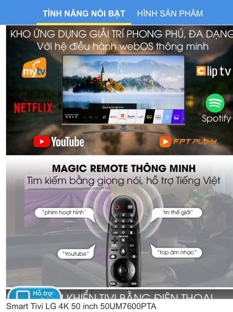 Smart Tivi LG 4K 50in UM7600PTA Remote thông minh hỗ trợ tìm kiếm bằng tiếng việt Đa dạng cổng kết nối ảnh chân thật