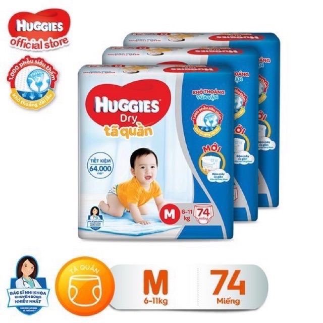 Date mới Bỉm Huggies tã quần size M 74, L 68, XL 62, XXL 56 miếng