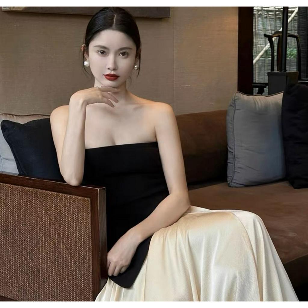 SET ÁO ỐNG LỆCH TÀ ĐEN + CHÂN VÁY KEM MIDI (TH)