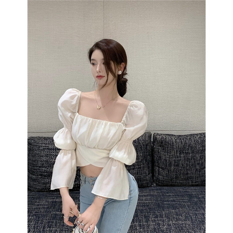 QKOOLE  Áo croptop Lệch Vai Tay Loe Màu Trơn Phong Cách Hàn Quốc Cho Nữ