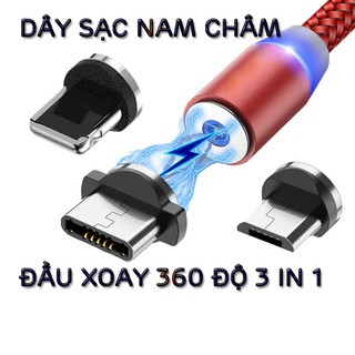 [Chống Gãy] Dây cáp sạc nhanh từ tính chuẩn 1m 3 in 1 Android Cổng Tye- C lightning Micro USB đầu xoay 360 độ