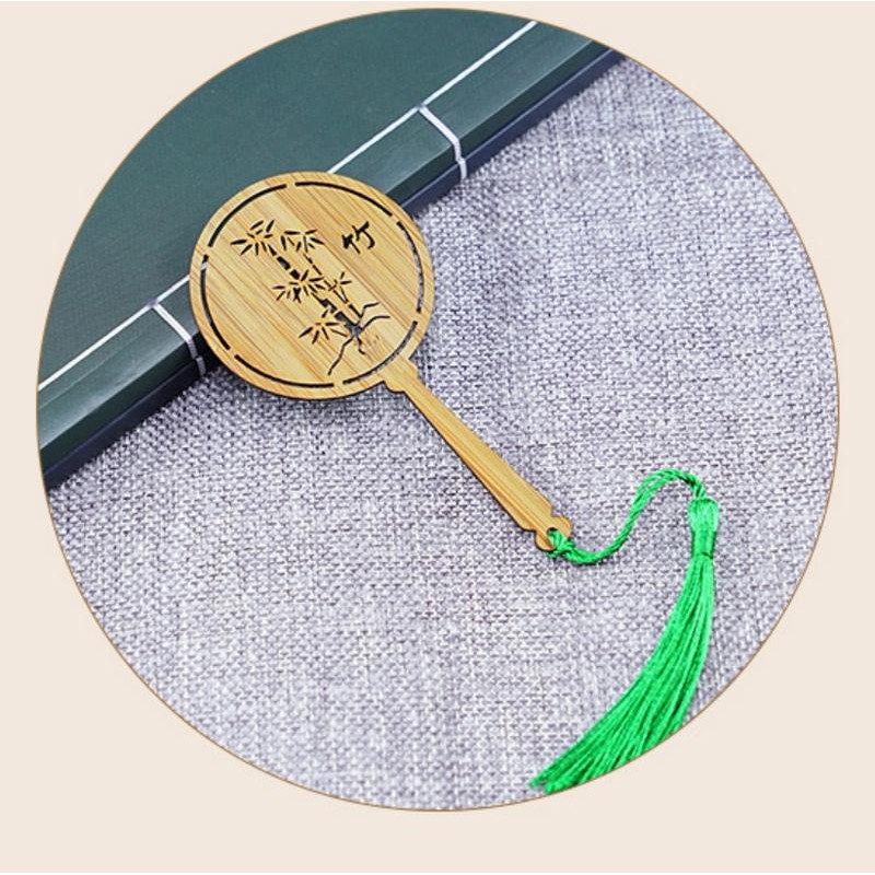 Bookmark Quạt tròn gỗ cổ phong kèm tua rua cổ trang