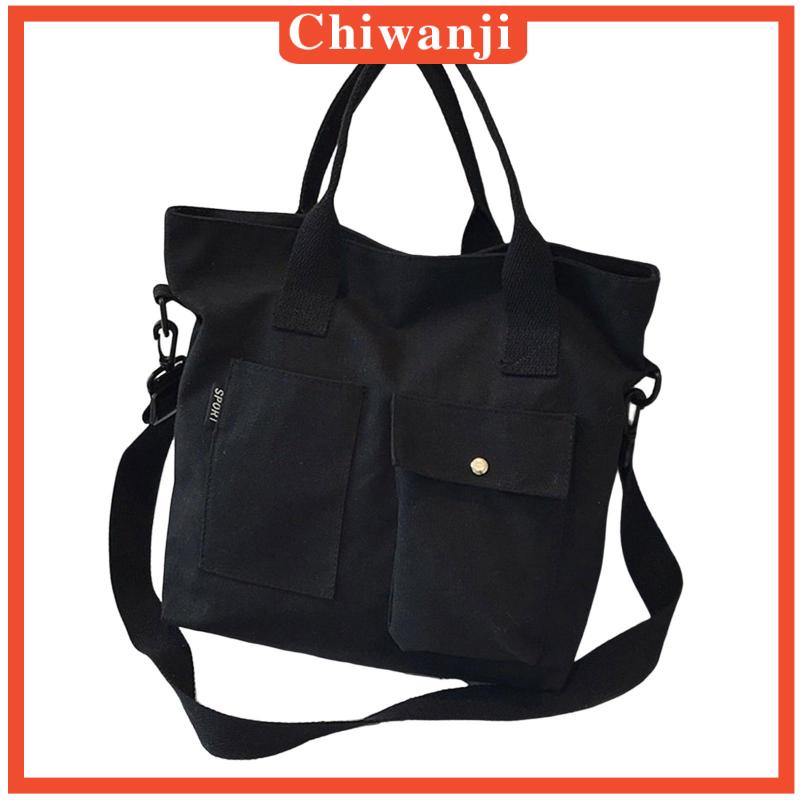 Túi Xách Tote Bằng Vải Canvas Màu Đen Có Nút Gài Tiện Dụng Cho Văn Phòng