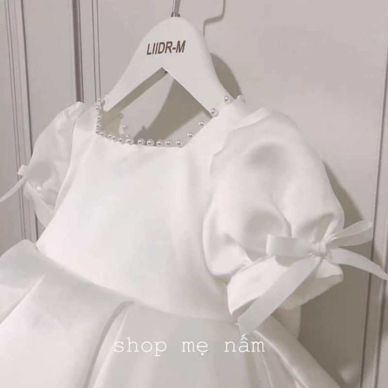 Đầm bé gái dáng xòe xếp ly tay phồng xẻ lưng gắn nơ - Shop Mẹ Nấm