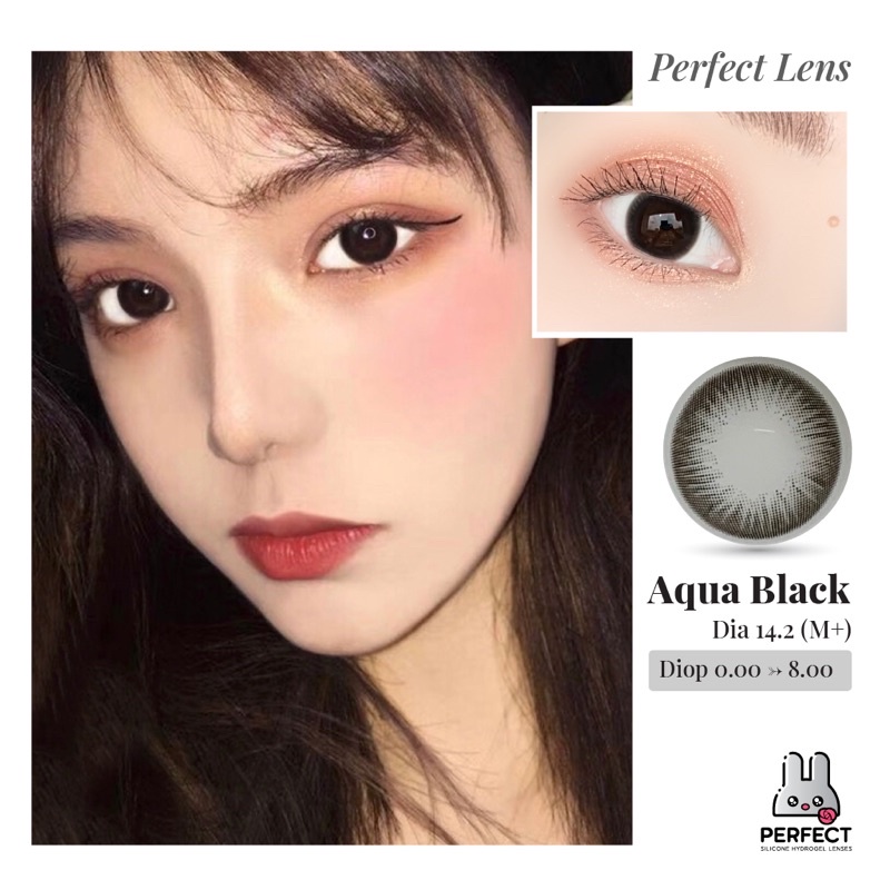 Lens Ảnh Mắt Thật, Aqua Black Perfect Lens, Dia 14.2, Kính Áp Tròng Đen Giãn Vừa, Có Độ Cận, Có Viền