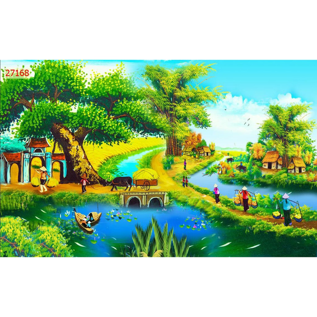 Tranh dán tường 3d đồng quê việt nam trang trí phòng khách giá rẻ đẹp chất liệu decal keo sẵn bóc dán atk5