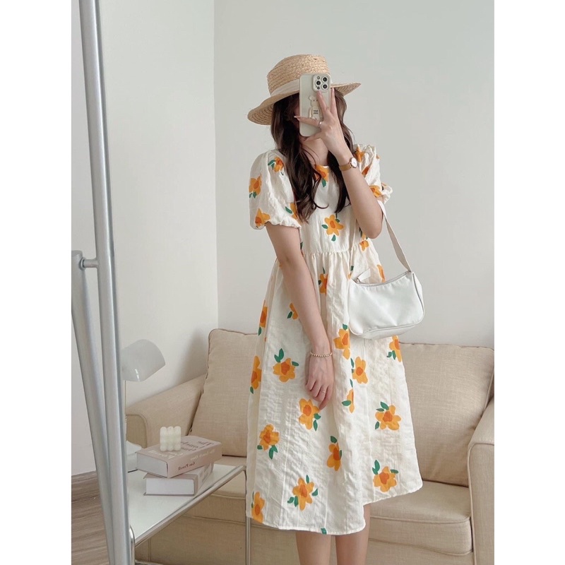 Váy babydoll dáng dài xòe tay bồng họa tiết hoa cam vải xốp tiểu thư siêu đẹp (TTA126)
