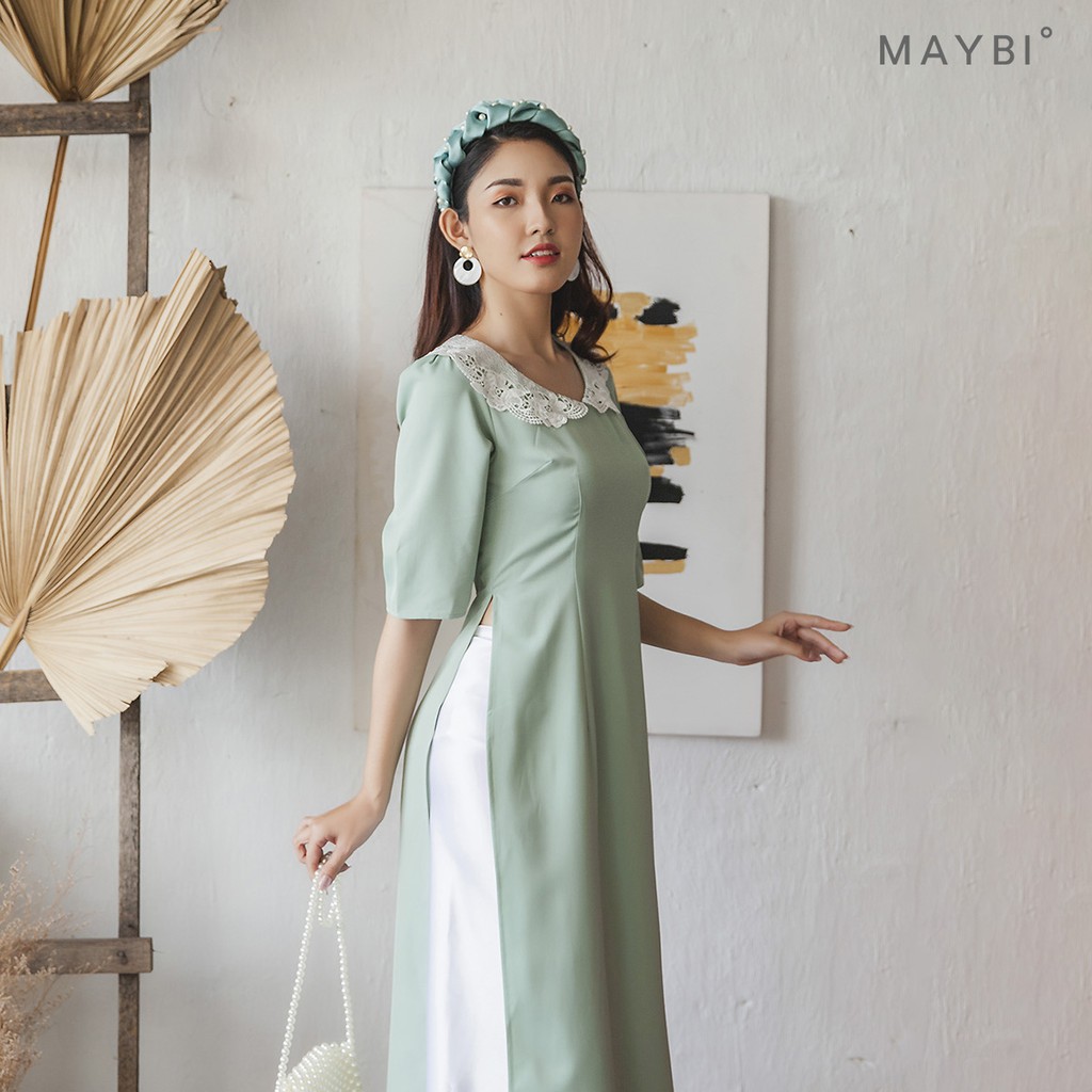 Áo dài Maybi ôm xanh mint phối cổ ren trắng