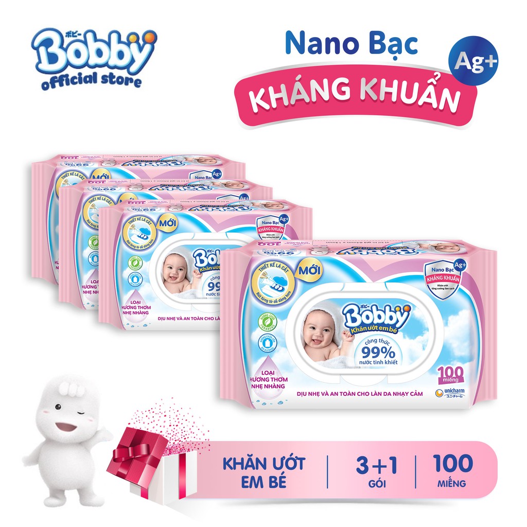 Bộ 4 gói Khăn ướt Bobby Care hương thơm nhẹ nhàng 100 tờ/gói (Hồng)