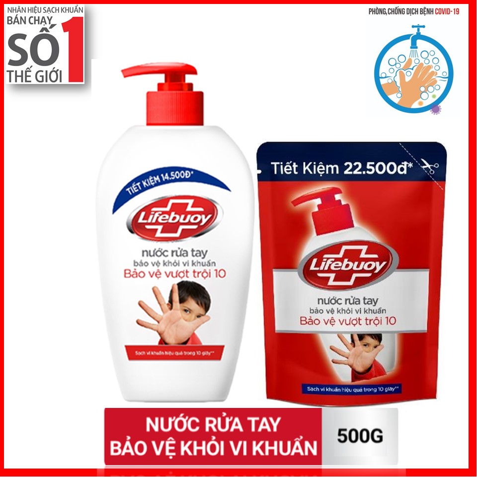 COMBO Nước rửa tay Lifebuoy Bảo vệ vượt trội 10 (Đỏ) Chai 500g và túi 450ml