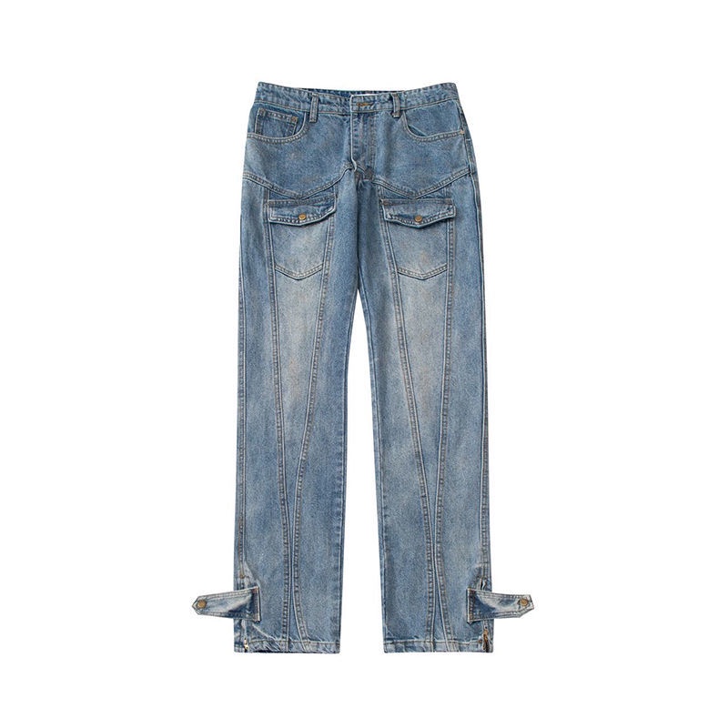 Guochao Quần Jean Dài Ống Rộng Mỏng Màu Giặt Được Làm Thủ Công Đường Phố Mỹ Phổ Biến Cho Nam Và Nữ