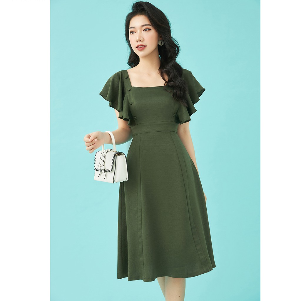 Đầm váy xòe công sở 92WEAR 3 màu, thiết kế 2 bên đính cúc DEA1069