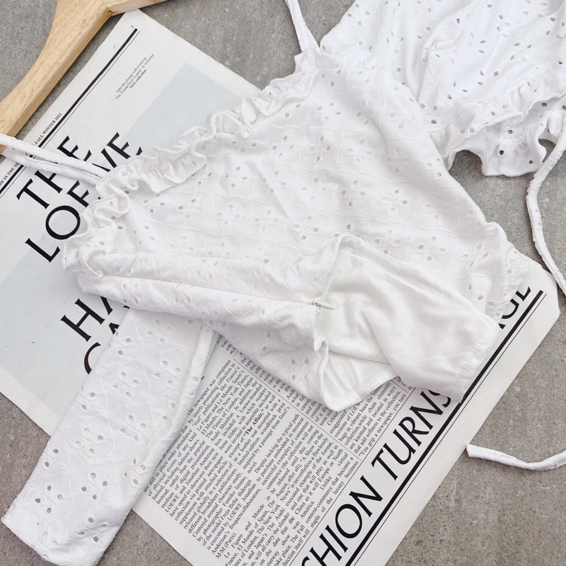 XÃ LỖ SET 2 MÓN CROP ÁO TRẮNG 2 DÂY VIỀN BÈO + KHOÁC CỘT DÂY