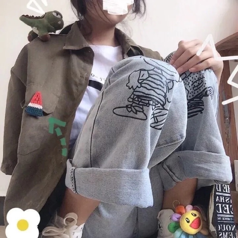 Quần jeans ống suông rộng hoạ tiết hoạt hình Phong cách Ulzzang Hàn Quốc