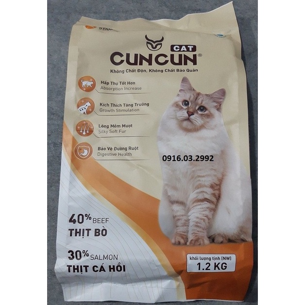 Thức ăn cho mèo Cuncun 1,2kg, Thức ăn cho mèo mượt lông