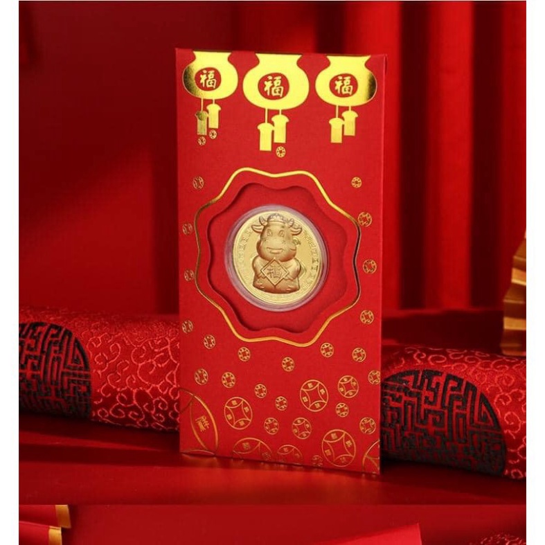 LÌ XÌ Trâu VÀNG  sang chảnh -  FREESHIP 1 Bao Lì Xì Thần Tài 1 Hộp đồng xu Trâu vàng may mắn