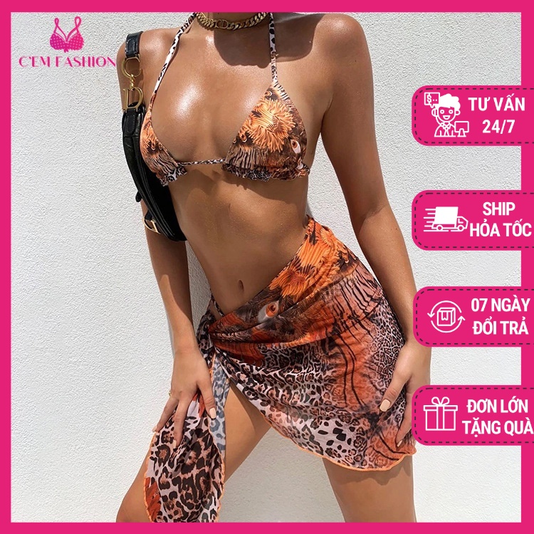Họa Tiết Da Báo In Kỹ Thuật Số Sexy Bộ Đồ Bơi Bikini Ba Mảnh [C'EM.FASHION]