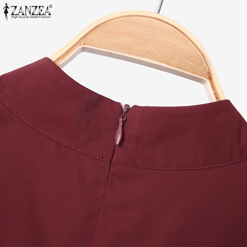 Đầm midi ZANZEA cổ rùa tay phồng ôm eo thời trang cho nữ