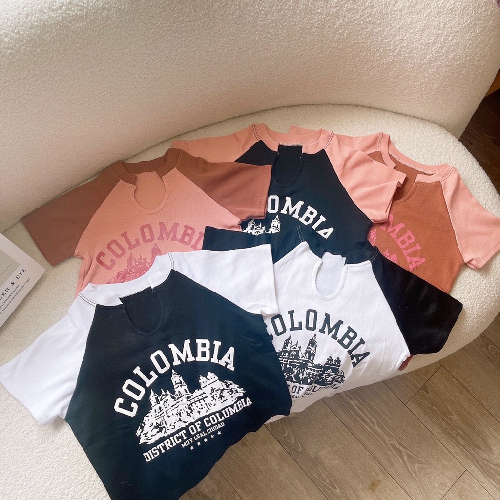 Áo croptop tay ngắn cổ khoét u in chữ Colombia cách điệu siêu hot