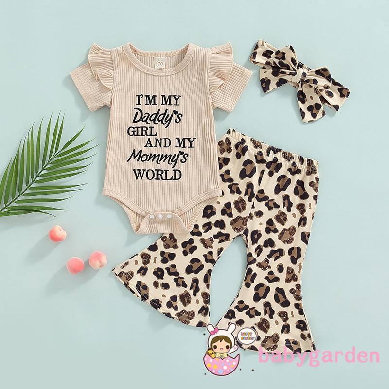 BABYGARDEN-0-18months Baby Girls Outfit, Sweet Style Letter Fly Sleeve Round Collar Jumpsuit + Leopard Print
