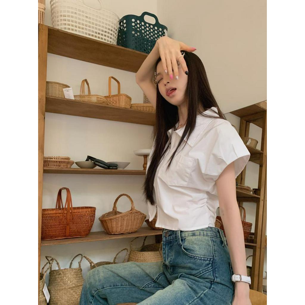 Áo Sơ Mi Cổ Mép Lật Ngắn Tay Phối Khóa Kéo Đôi Thời Trang Hàn Quốc 63423