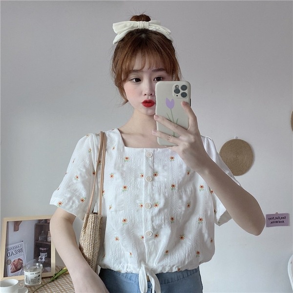 Áo Sơ Mi Chiffon Tay Ngắn Dáng Rộng Cổ Polo Phong Cách Hàn Quốc Thời Trang Mùa Hè Cho Nữ
