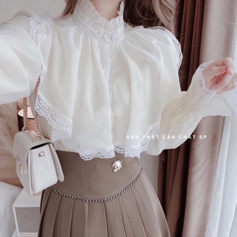 Áo sơ mi babydoll tiểu thư 2 lớp phối ren ulzzang nữ tính, mầu đen, trắng, be, cocoland
