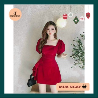 Đầm cổ vuông tay bồng dáng xoè - Váy xoè tiểu thư