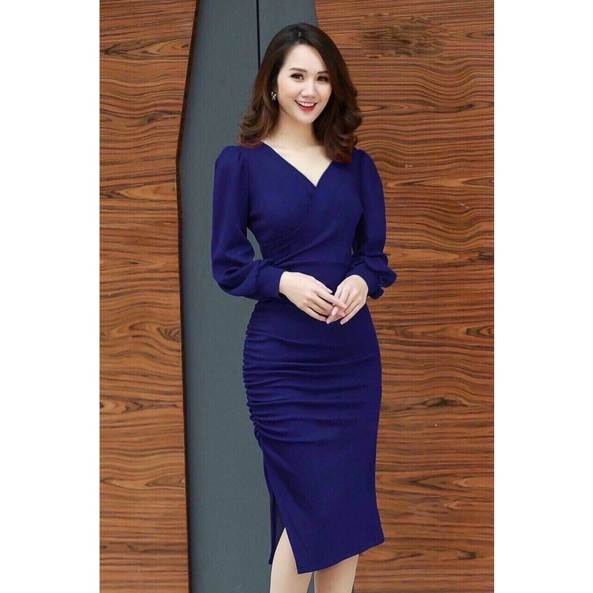 Đầm Ôm Body Cổ Tim Dài Tay xẻ tà lẻ, đầm dự tiệc sang chảnh 3 màu xanh đỏ đen - TM25