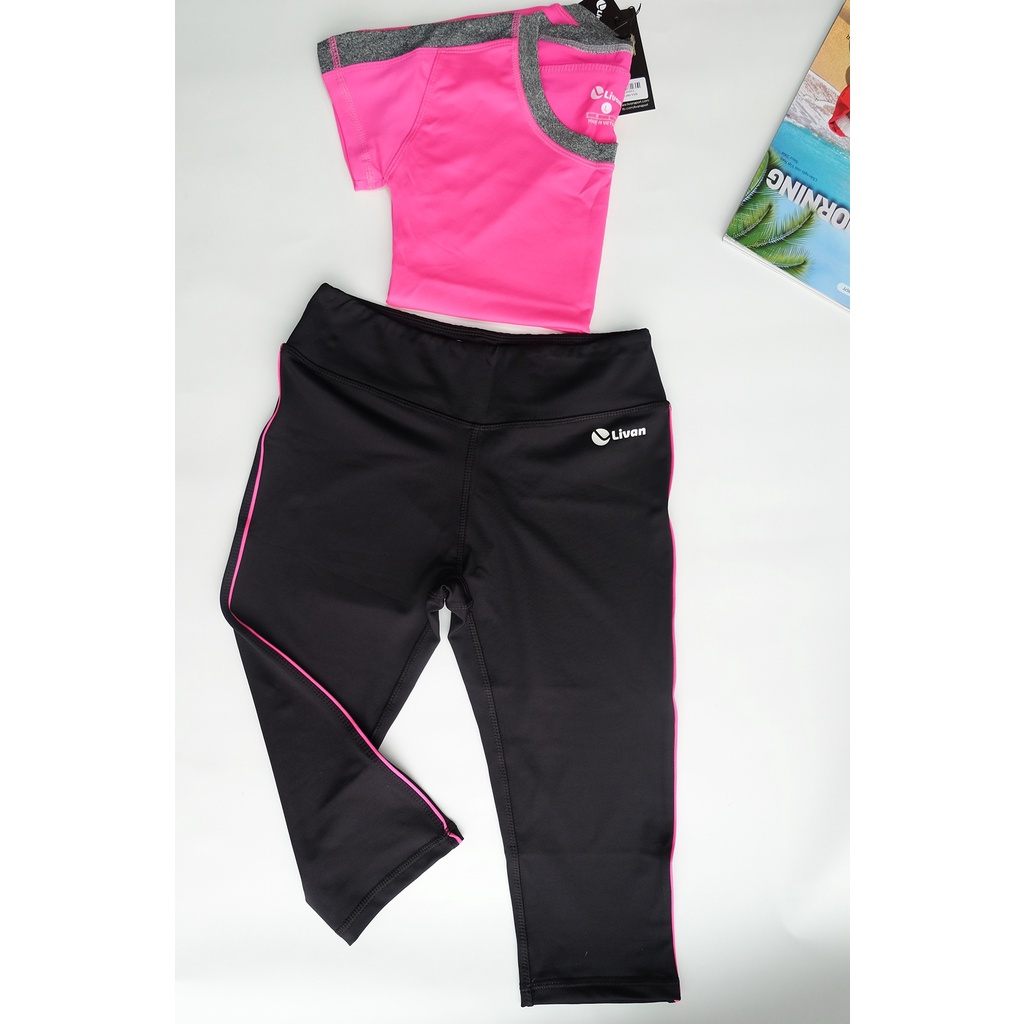 Bộ tập thể thao, gym áo hồng quần lửng Livan