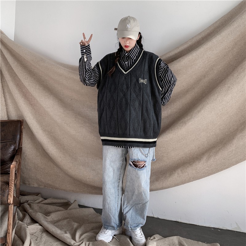 Áo Len Gile Đôi Nam Nữ Áo Len Không Tay Cổ V Len Vặn Thừng Áo Ấm Thu Đông | BigBuy360 - bigbuy360.vn