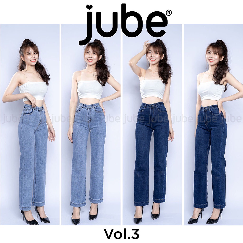 Quần Jean Ống Suông Nữ Lưng Cao Trơn JUBE Vol.3, Quần Bò Nữ Ống Đứng Vải Jeans Co Giãn Hack Dáng, BST Signature Jeans