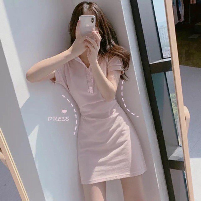 Váy polo trơn xẻ tà nữ ⚡ Casper.Store | FREESHIP | ⚡ Đầm ôm body dáng ngắn cổ sơ mi cộc tay Ulzzang