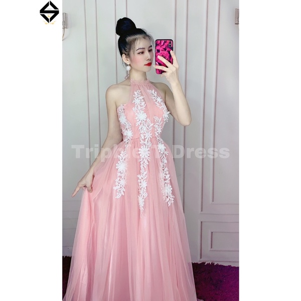 Đầm maxi cổ yến kết hoa nổi phối màu TRIPBLE T DRESS - MS379V