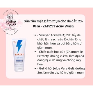 Sữa rửa mặt giảm mụn cho da dầu 2% bha - zapzyt acne wash
