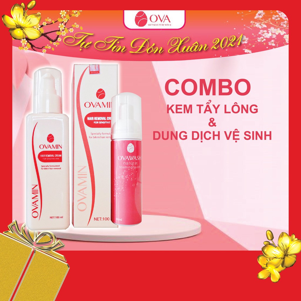 Combo Kem tẩy lông vùng kín, bikini, triệt lông nách, chân, tay OvaMin và Dung dịch vệ sinh phụ nữ tạo bọt Ovawash 150ml