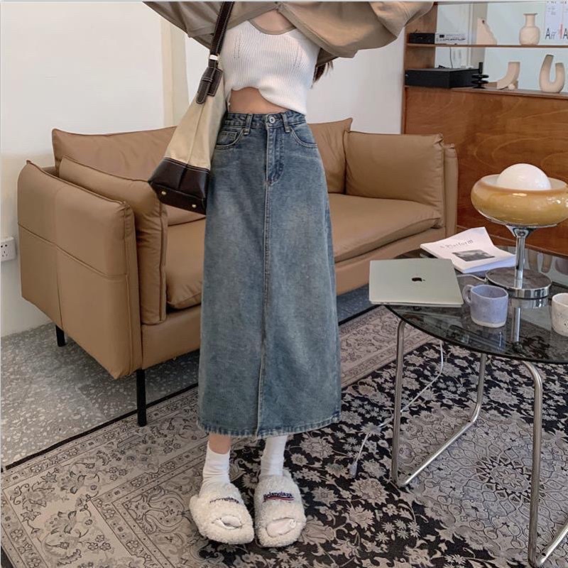 Chân Váy Bò Dài Mài Bạc Sườn Xẻ Tà Trước Nữ Tính Denim Long Skirts Hàn Quốc