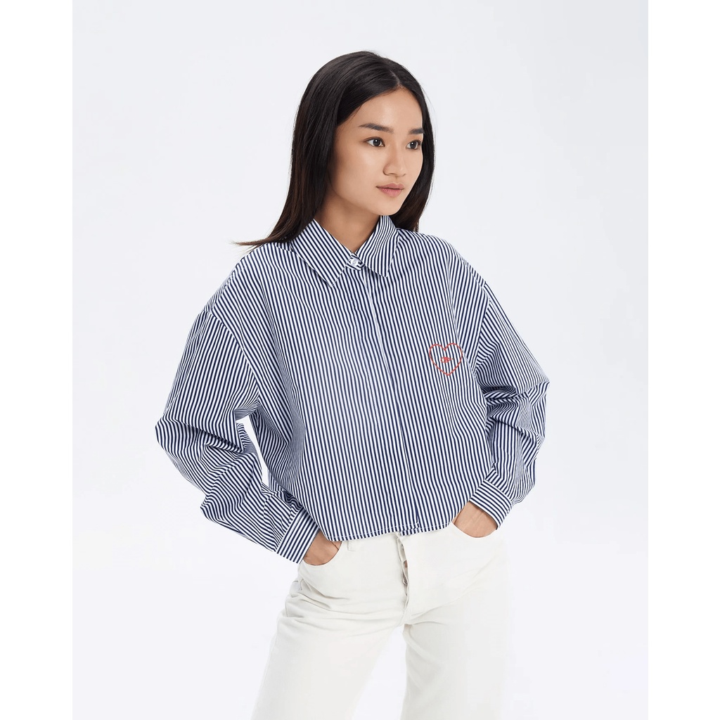 TheBlueTshirt - Áo Sơ Mi Phom Rộng Crop Top Nữ Sọc - Oversized Hearty Cropped Shirt - Deep Blue Stripe