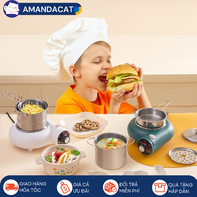 Bộ Đồ Chơi Nhà Bếp Mini Nấu Ăn Thật Chất Liệu Bằng Inox 304 - Nhựa Lúa Mạch Không Độc Hại Với Trẻ E